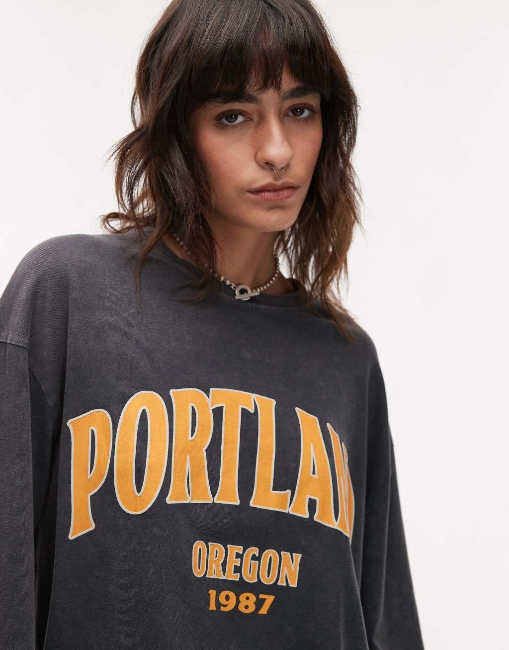 Topshop graphic Portland long sleeve skater tee in gray Product Image