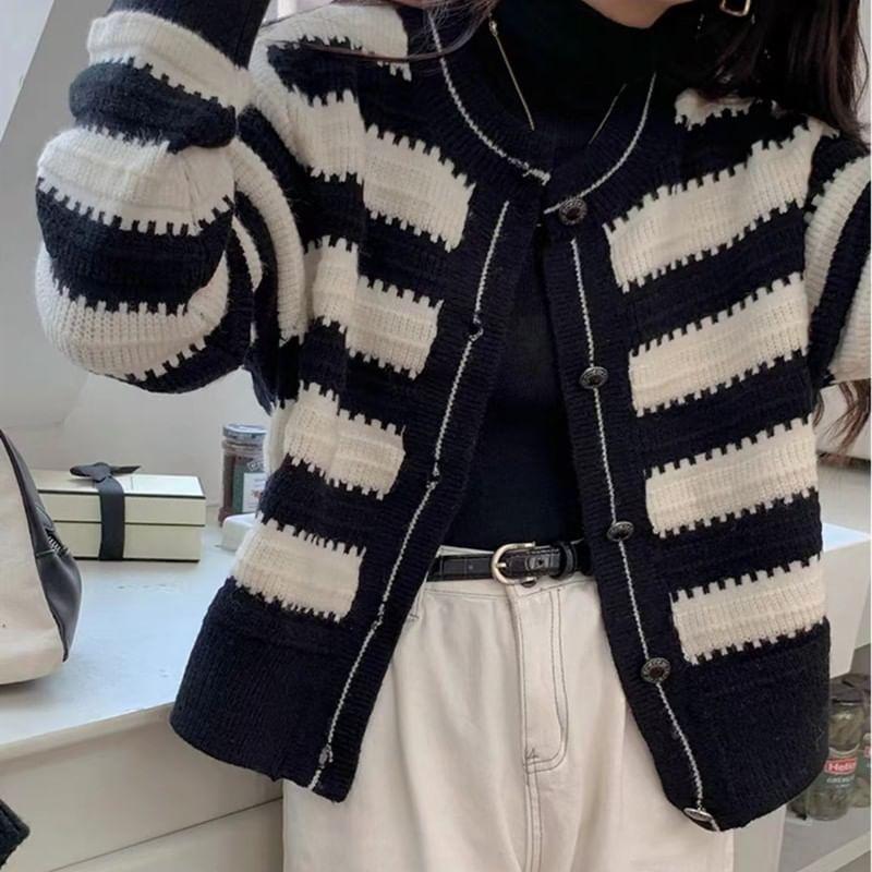 Crew Neck Striped Button-Up Cardigan Product Image