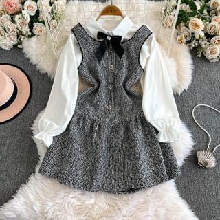 Set: Long Sleeve Shirt With Bow Tie + Glitter Tank Dress Product Image