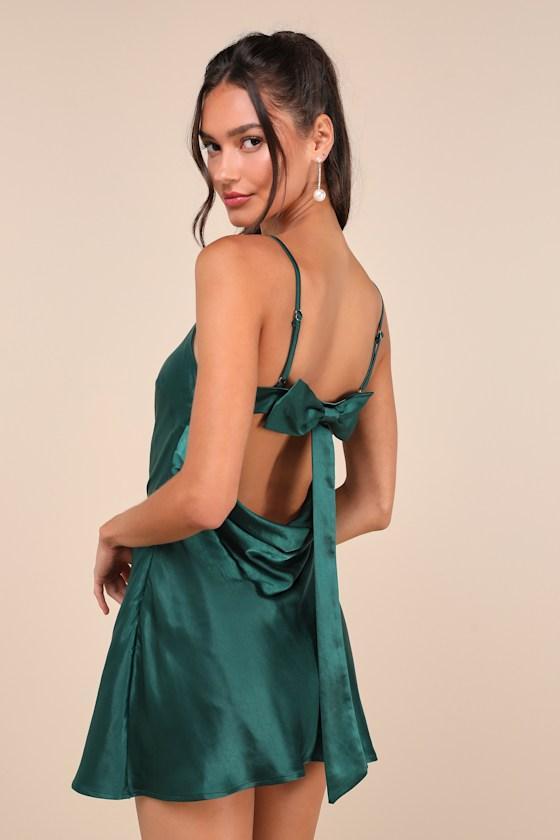 Sincerest Elegance Emerald Satin Cowl Back Bow Mini Dress Product Image