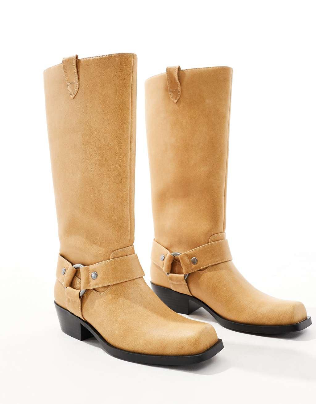 Bershka buckle detail calf length boots in beige Product Image