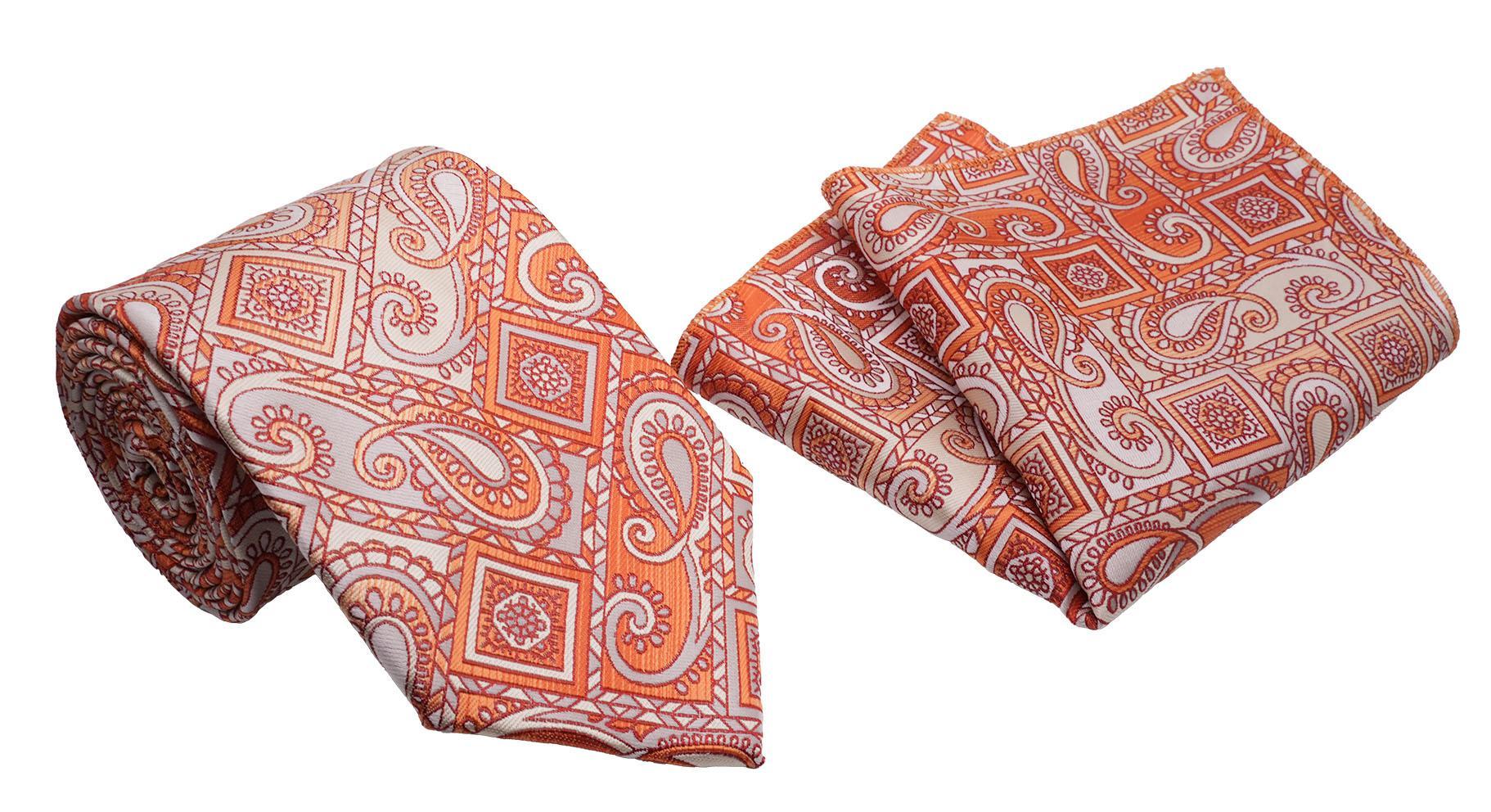 Tangerine Square Mandala Paisley Pattern Men's Classic Tie and Pocket Square Set Male Product Image