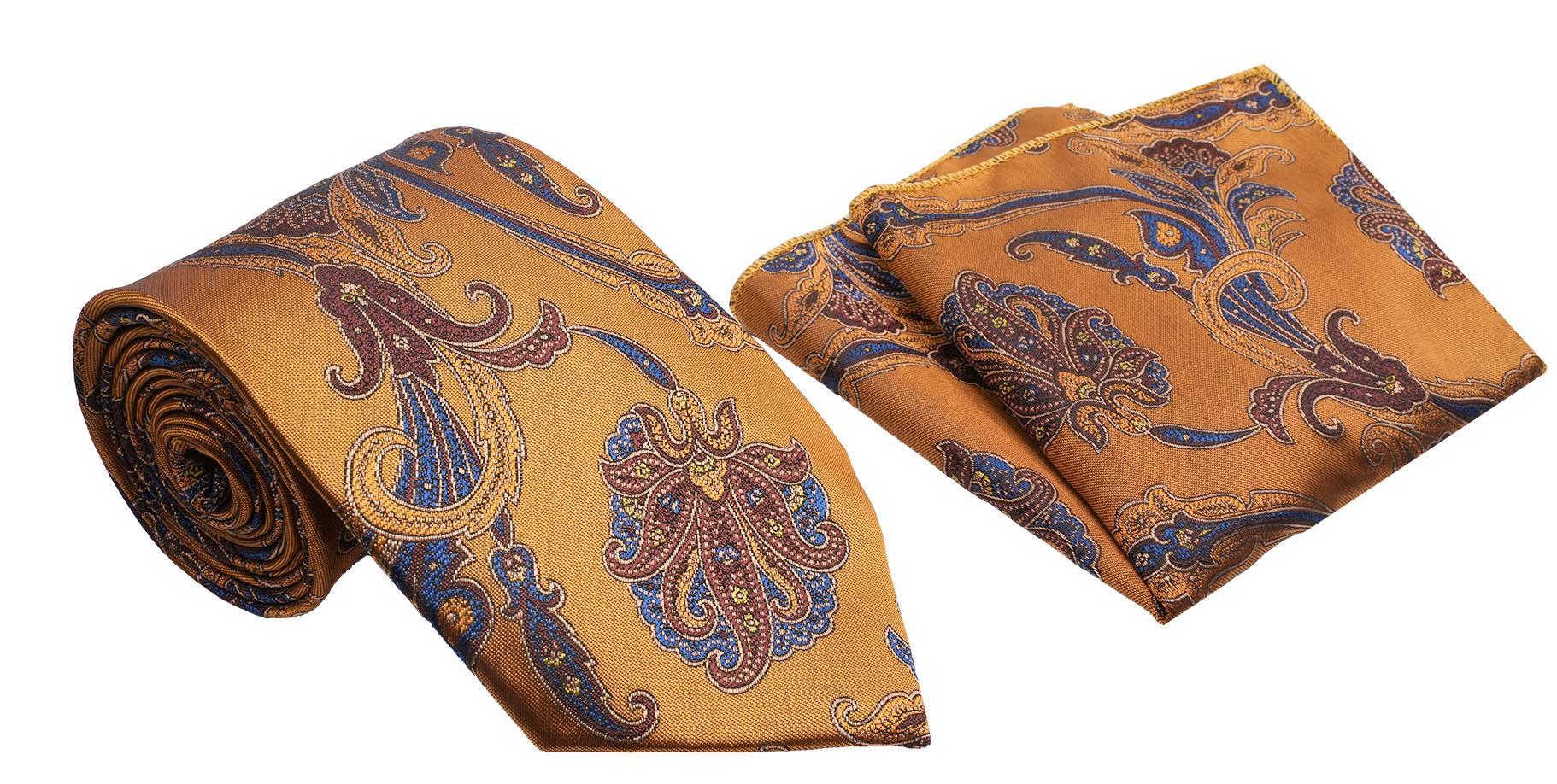 Copper Jacobean Pattern Men's Classic Tie and Pocket Square Set Male Product Image