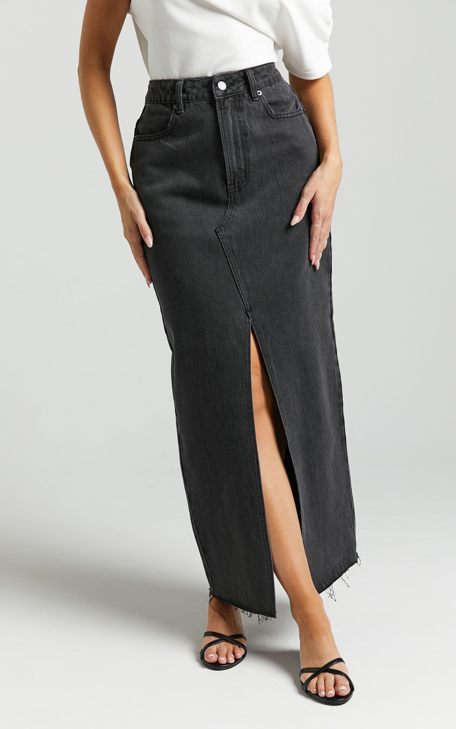 Kira Midi Skirt - Front Split Denim Skirt in Washed Black Product Image