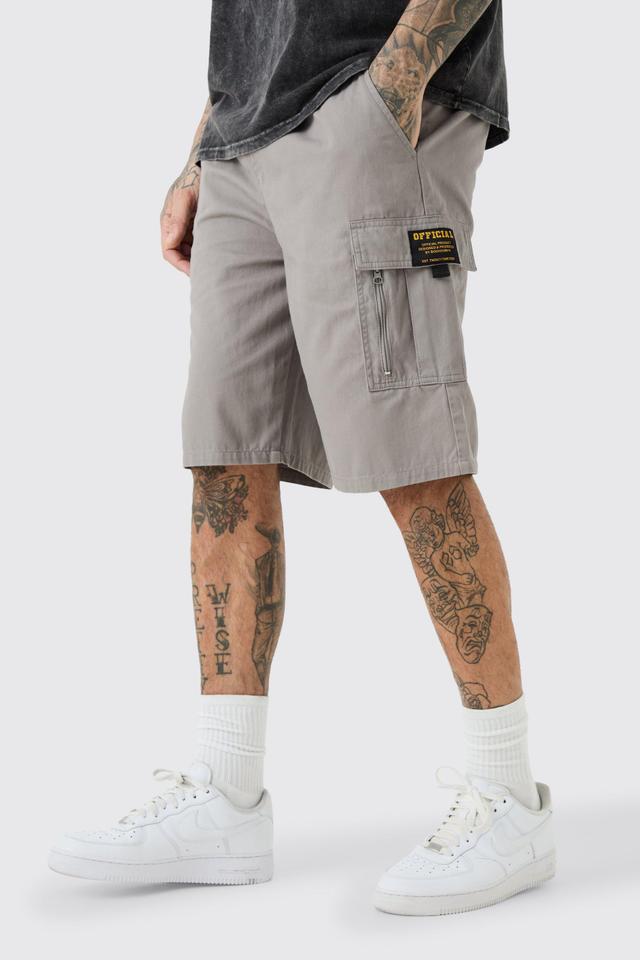 Mens Grey Tall Fixed Waist Twill Relaxed Cargo Zip Detail Tab Short, Grey Product Image