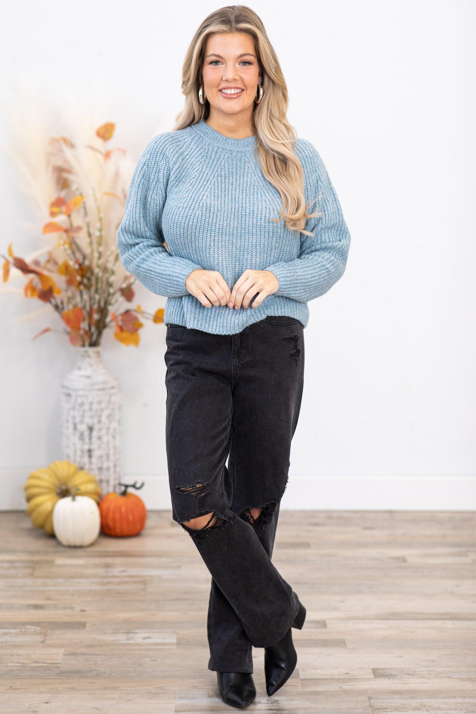 Dusty Blue Ribbed Round Neck Sweater Product Image