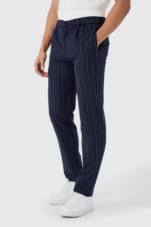 Boxer Waistband Pinstripe Tailored Trousers | boohooMAN USA Product Image