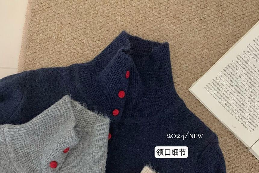 Turtleneck Plain Button-Up Cardigan Product Image