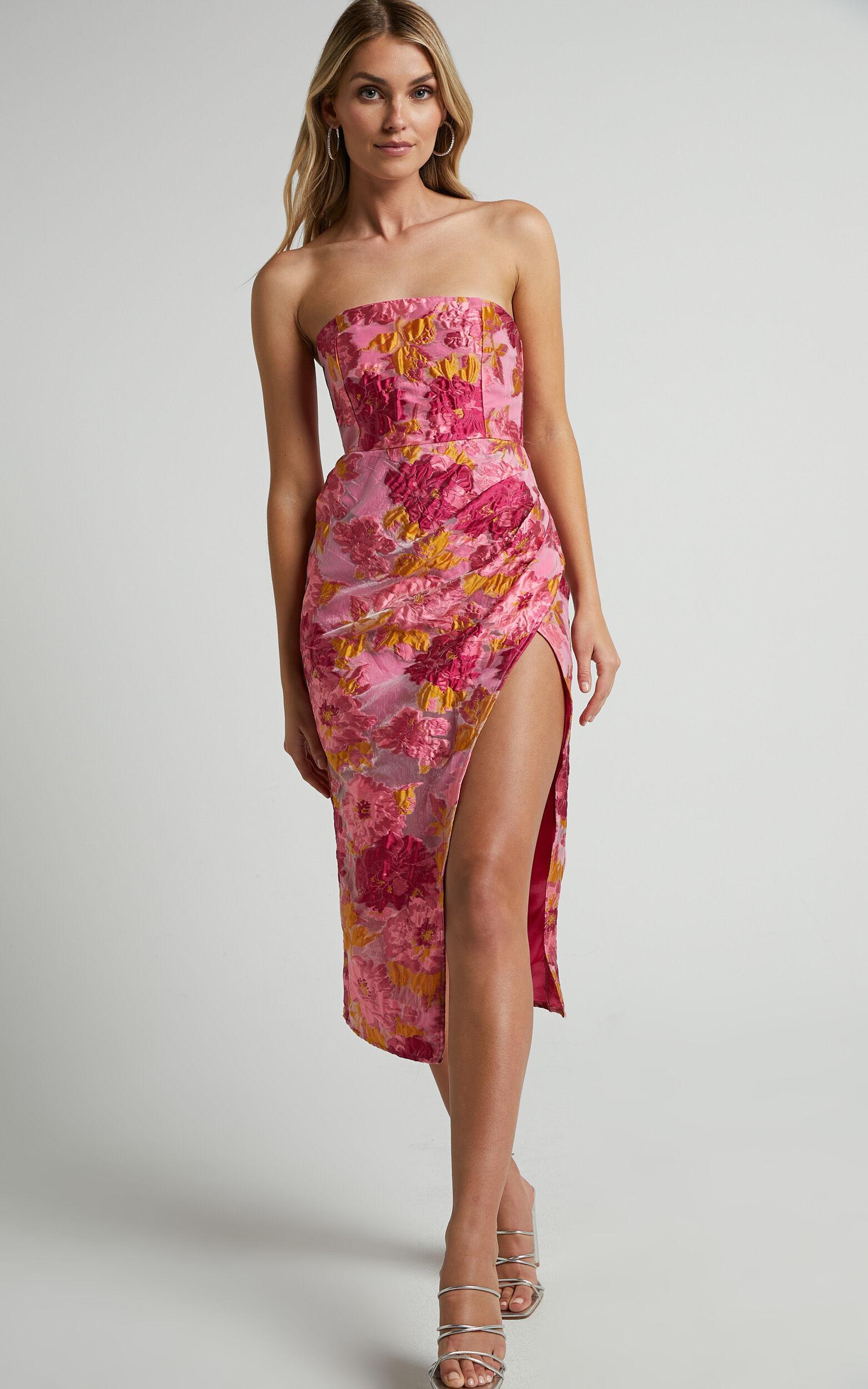 Brailey Midi Dress - Thigh Split Strapless Dress in Pink Jacquard Product Image