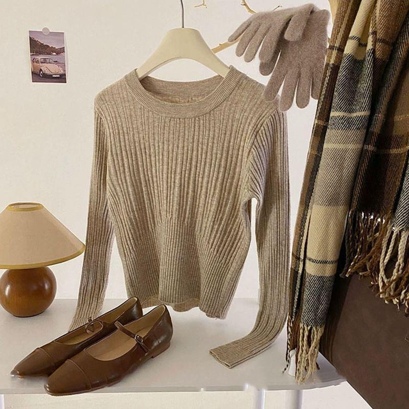 Long-Sleeve Round Neck Plain Ribbed Knit Top Product Image