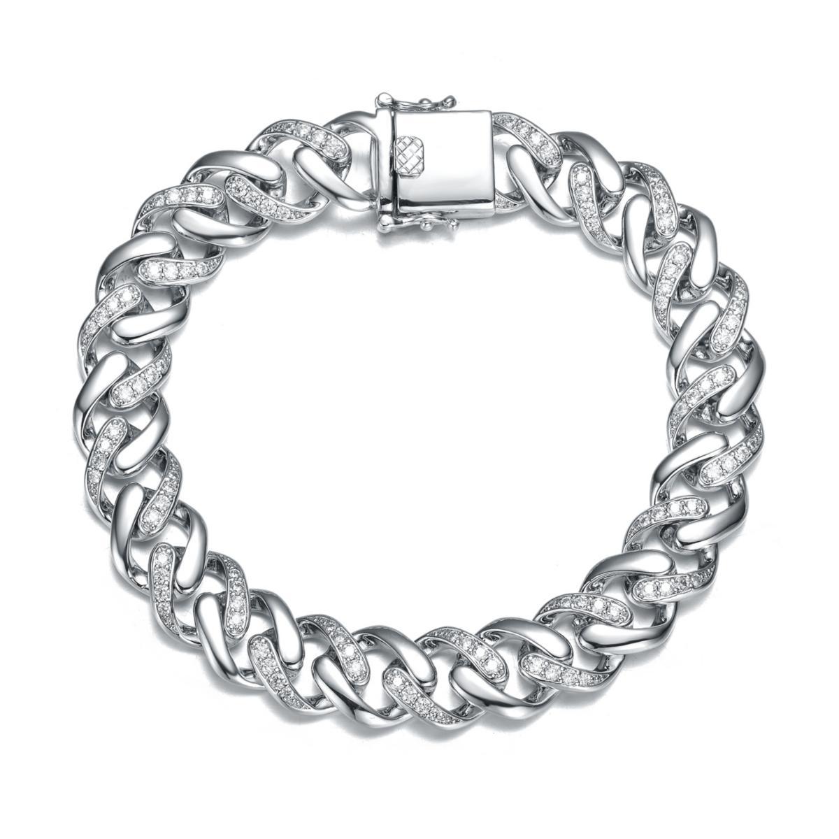 Genevive Bold Mens White Gold Plated Curb Chain Bracelet with Iced Out Cubic Zirconia in Sterling Silver Product Image