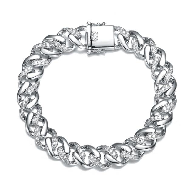 Genevive Men's White Gold Plated with Iced Out Cubic Zirconia Curb Chain Bracelet in Sterling Silver - Silver Product Image