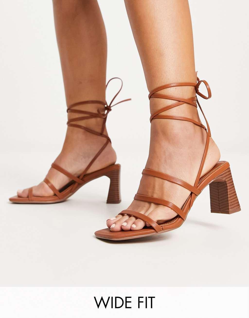 ASOS DESIGN Wide Fit Hidden strappy tie leg mid heeled sandals in tan Product Image