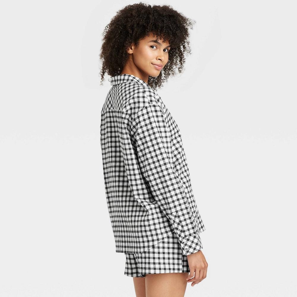 Women's Check Flannel Long Sleeve Top and Shorts Pajama Set - Auden™ Black/White XS Product Image