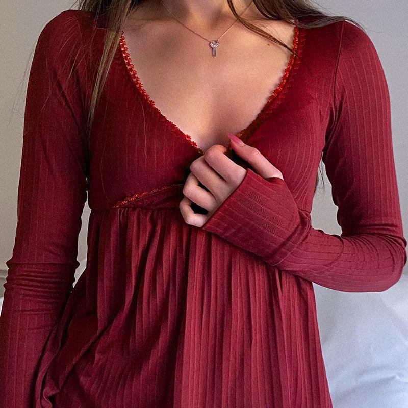 Long Sleeve V-Neck Lace-Trim Plain Loose-Fit Ribbed-Knit Top Product Image