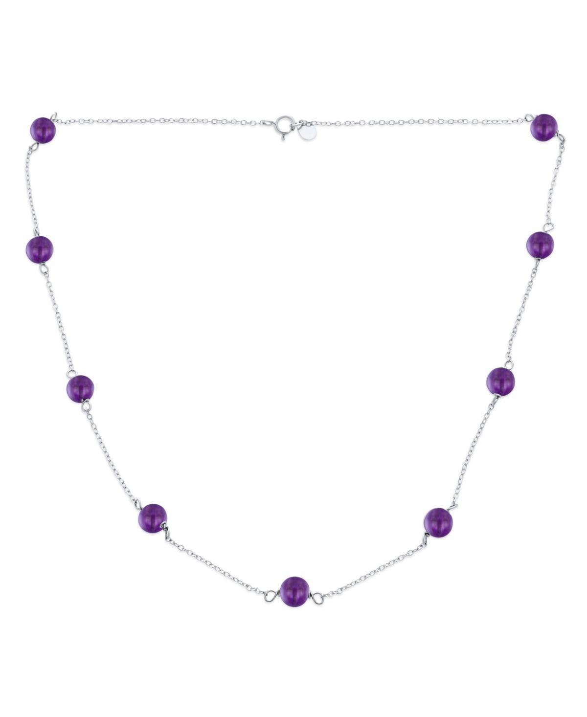 Delicate Simple Genuine Gemstone Purple Amethyst Chain Round Ball Bead Tin Cup Necklace For Women .925 Sterling Silver 18 Inch Product Image