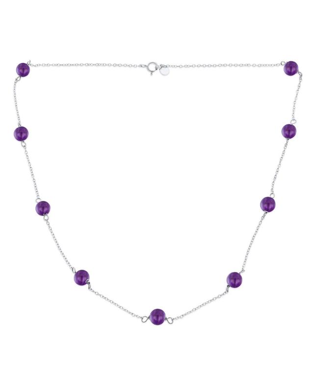 Delicate Simple Genuine Gemstone Purple Amethyst Chain Round Ball Bead Tin Cup Necklace For Women .925 Sterling Silver 18 Inch Product Image