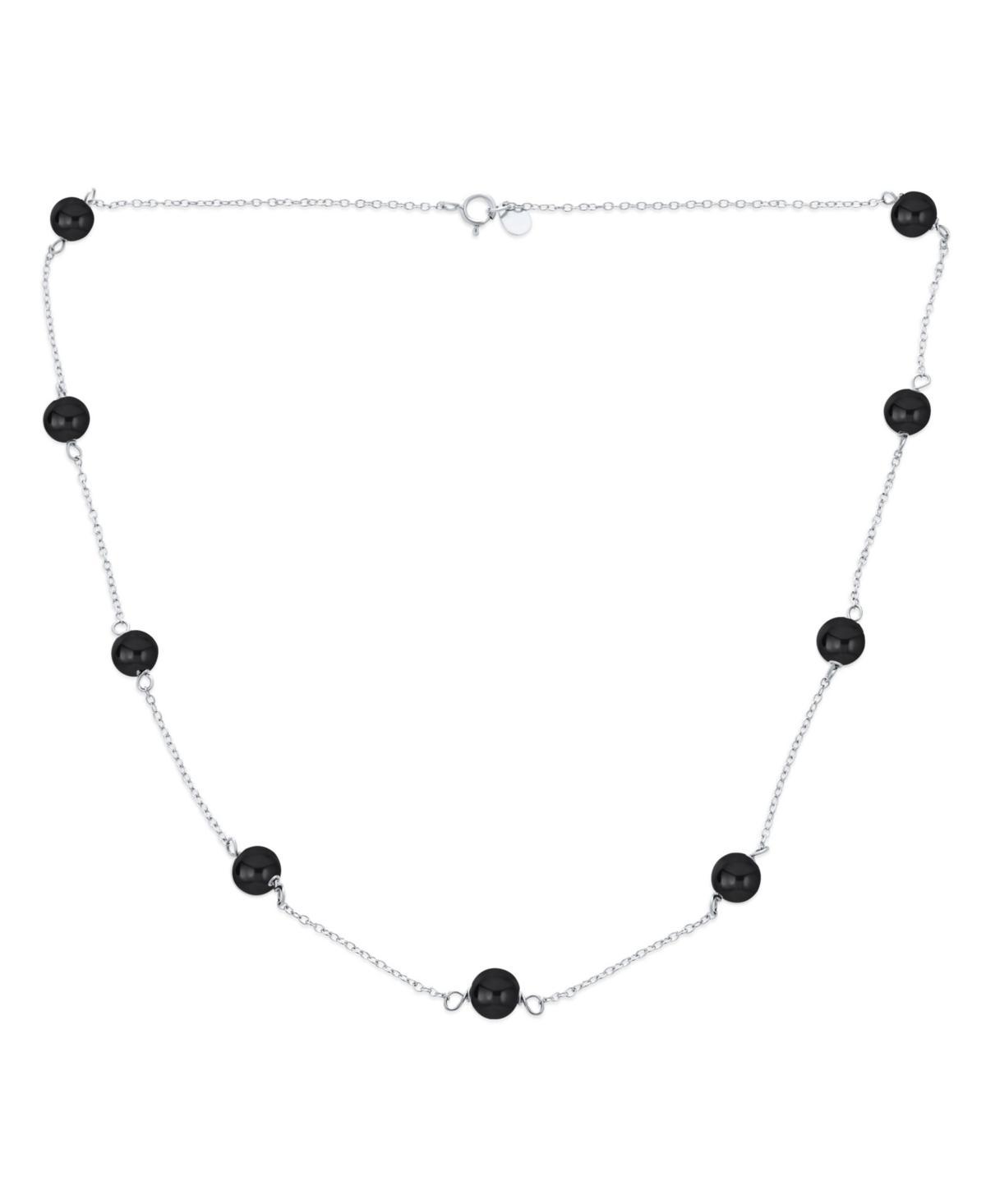 Delicate Simple Genuine Gemstone Black Onyx Chain Round Ball Bead Tin Cup Necklace For Women .925 Sterling Silver 18 Inch Product Image