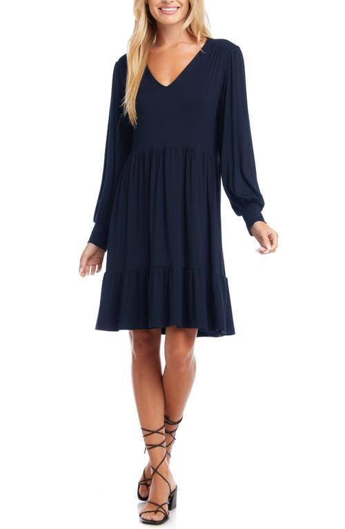 Karen Kane Petite Size Knit V-Neck Long Blouson Sleeve Tiered Shift Dress Product Image