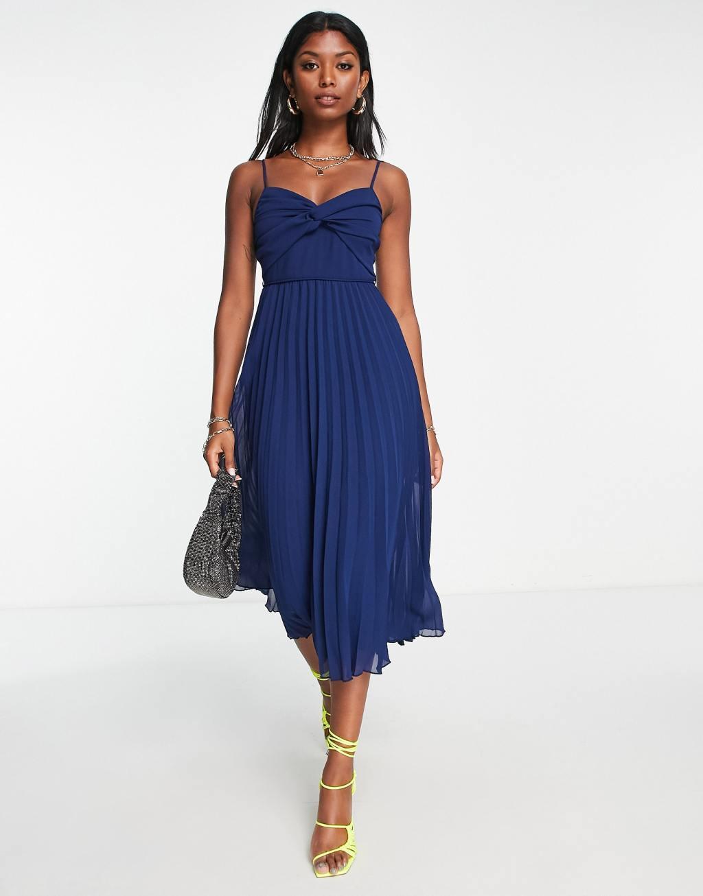 ASOS DESIGN twist front pleated cami midi dress with belt in navy Product Image