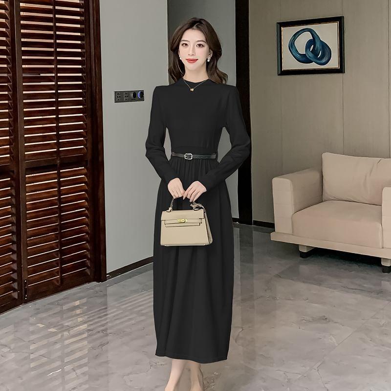 Long-Sleeve Mock Neck Plain Cutout Back Midi A-Line Knit Dress Product Image