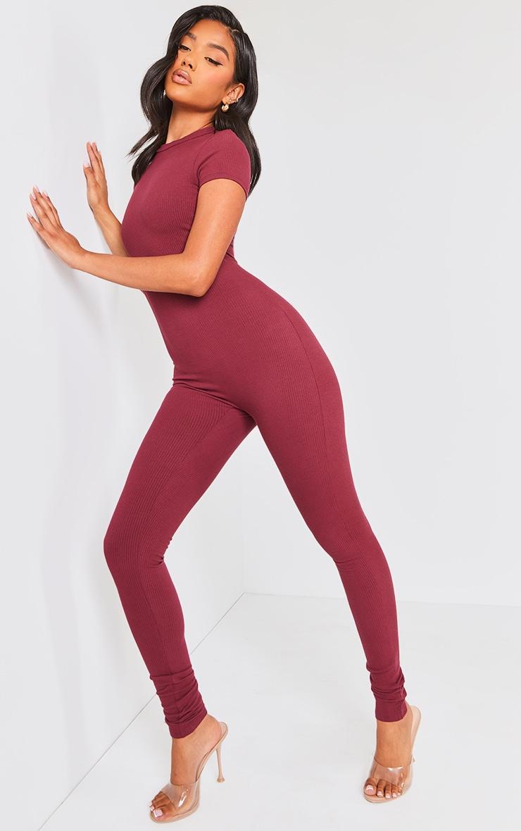 Burgundy Rib Short Sleeve Jumpsuit Product Image