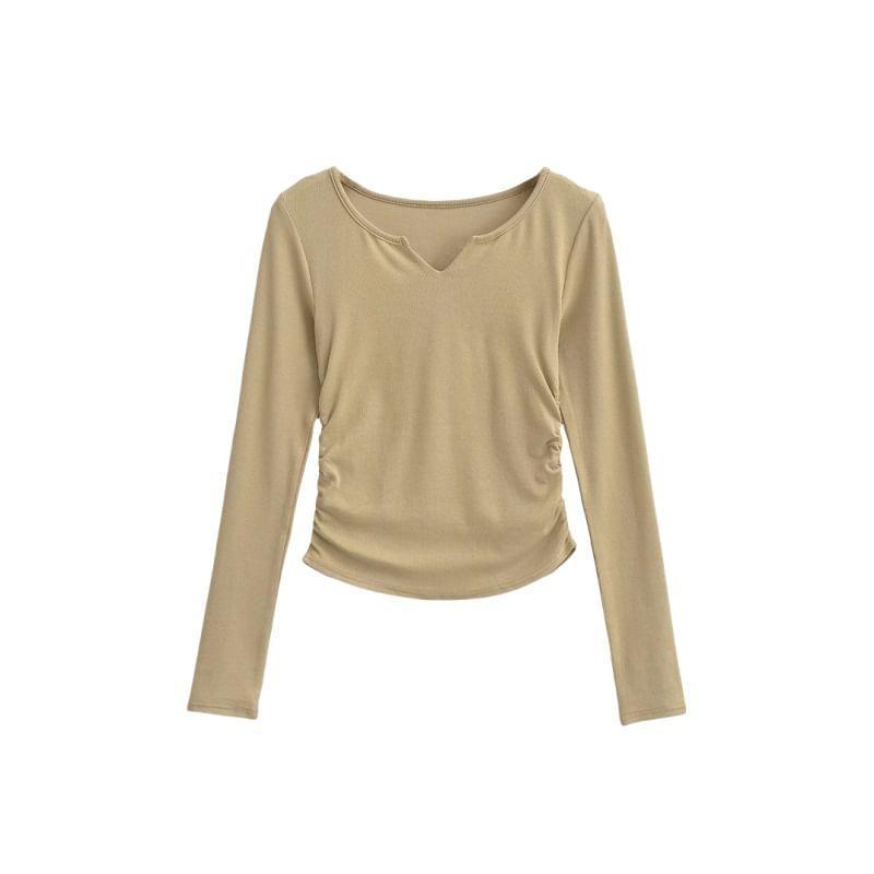 Long Sleeve Notch Neck Plain Ruched T-Shirt Product Image