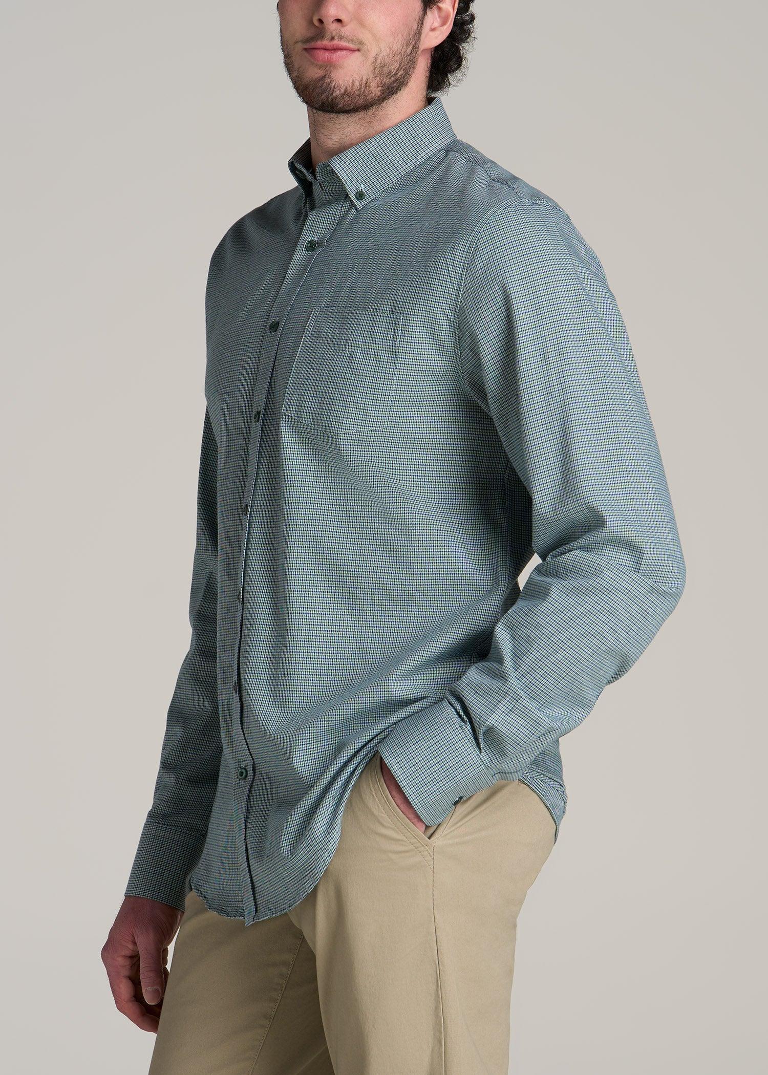 Soft-Wash Button-Up Shirt for Tall Men in Green and Navy Houndstooth Male Product Image