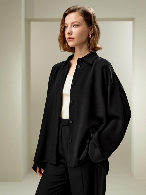 Relaxed Fit Drape Oversized Silk Shirt Product Image