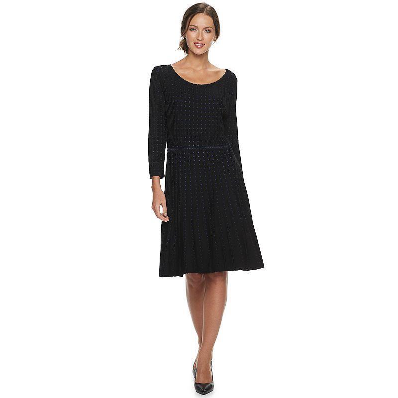 Womens Nina Leonard Contrast Dot Fit & Flare Sweater Dress Black Blue Product Image