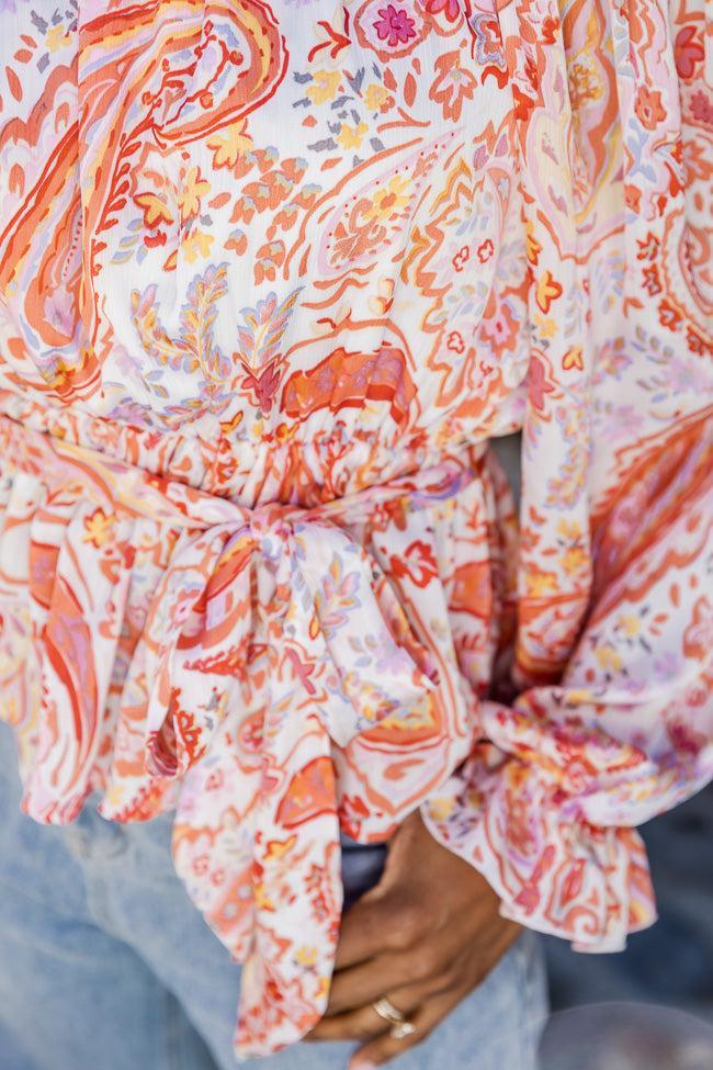 Off The Path Orange Paisley Off The Shoulder Belted Blouse FINAL SALE Product Image