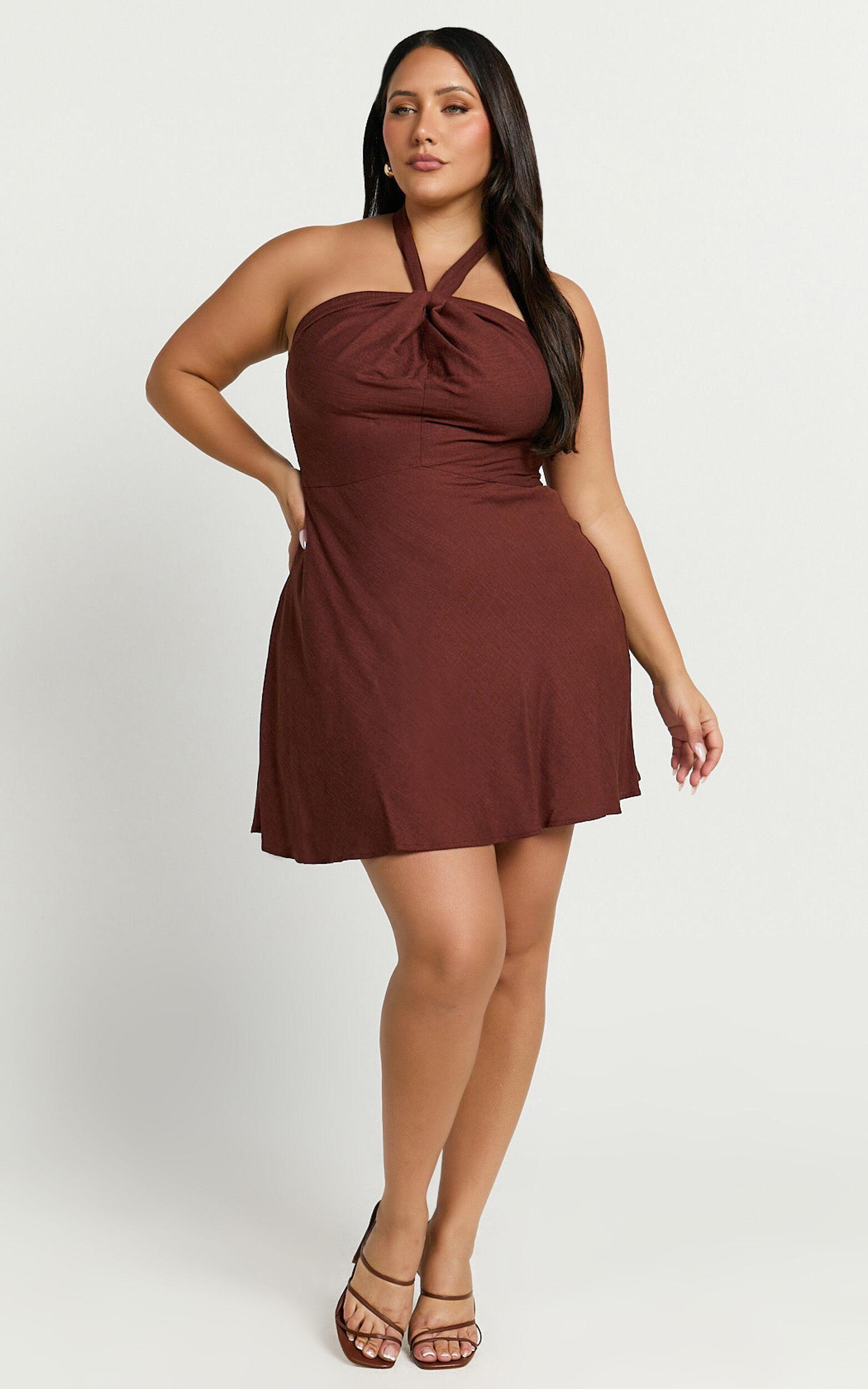 Louie Mini Dress - Linen Look Halter Neck Dress in Chocolate Product Image