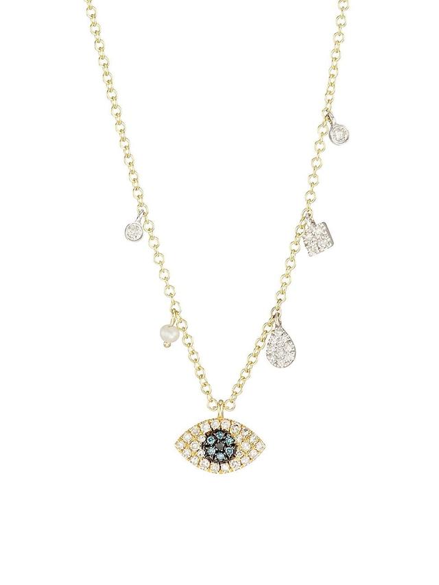 Womens 14K Yellow Gold, Diamond & Pearl Evil Eye Pendant Necklace Product Image