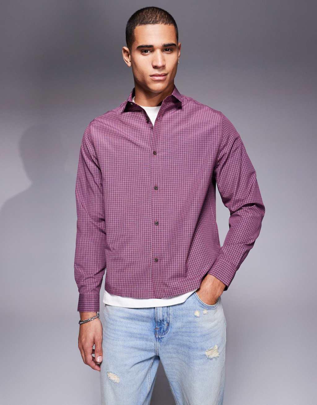 ASOS DESIGN boxy relaxed check shirt in burgundy Product Image