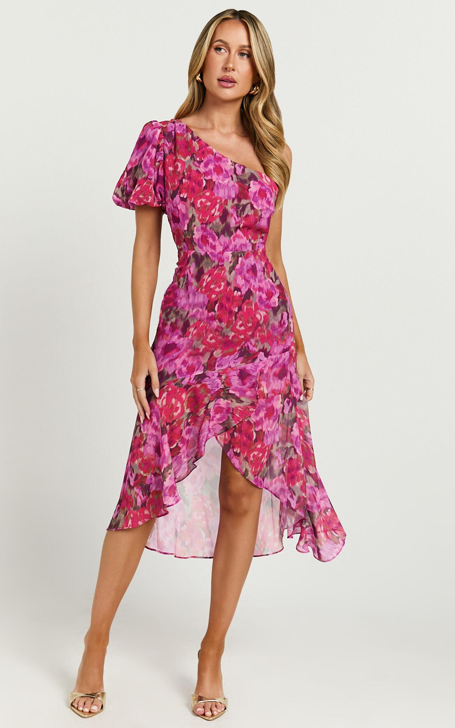 Clabelle Midi Dress - One Shoulder Ruffle Tulip Hem Dress in Violette Blur Floral Product Image