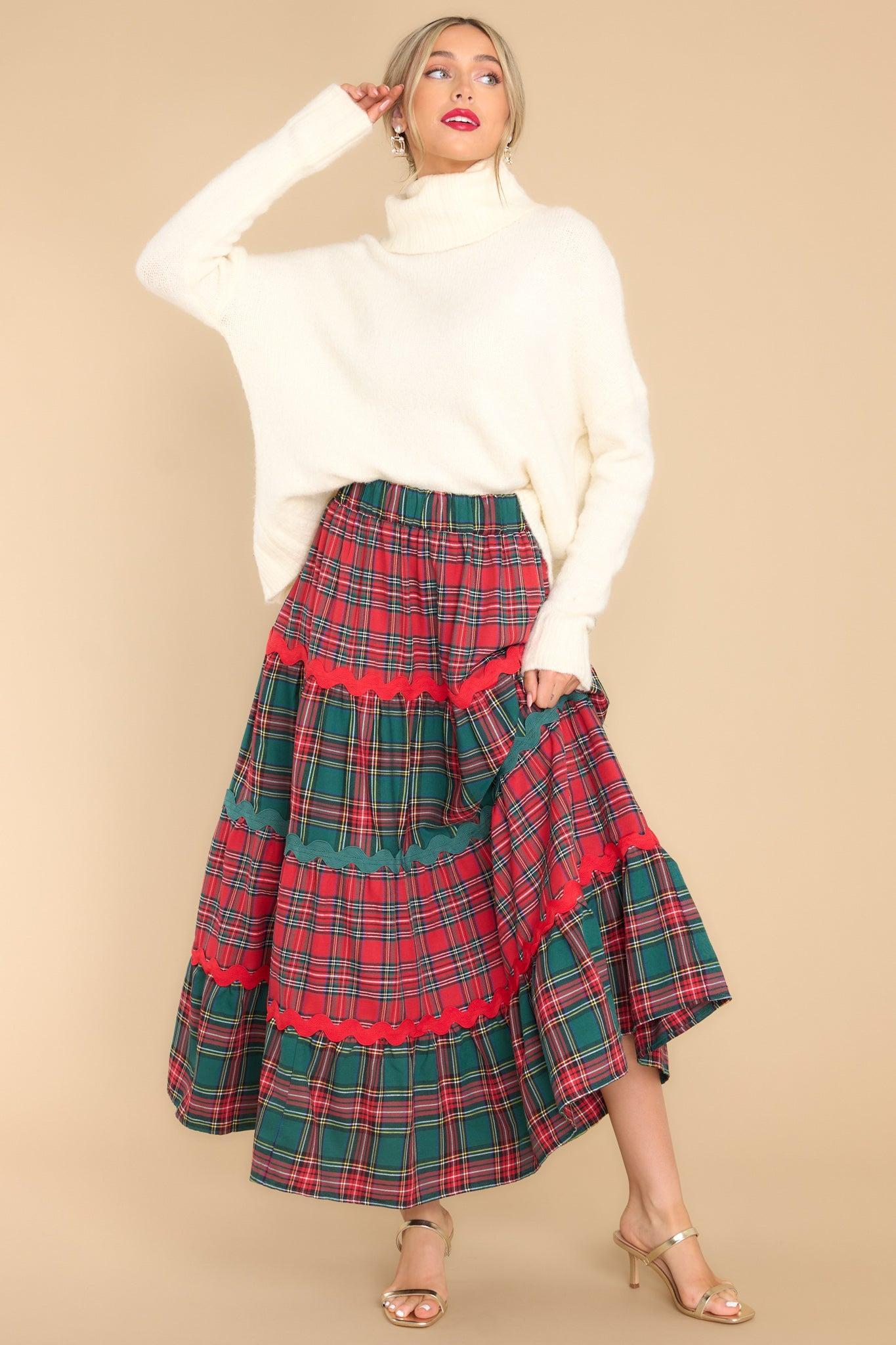 Aura Mistletoe Moments Red Plaid Maxi Skirt Product Image