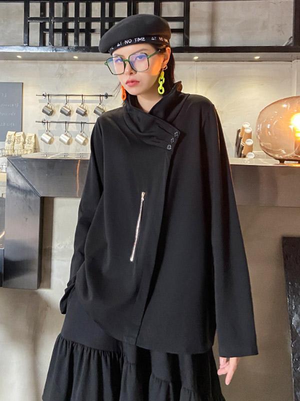 Casual Loose Long Sleeves Asymmetric Stand Collar T-Shirts Tops Product Image