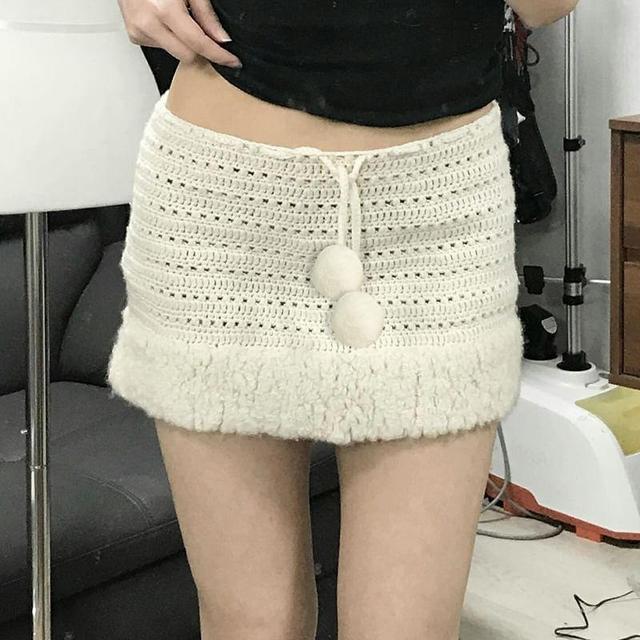 Low Rise Fluffy Ball Accent Plain Cable-Knit Mini Pencil Skirt Product Image