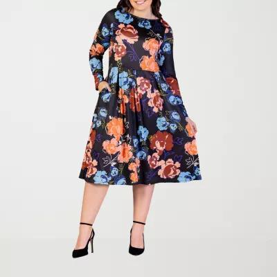 24seven Comfort Apparel Womens Long Sleeve Paisley Midi Fit + Flare Dress Plus Product Image