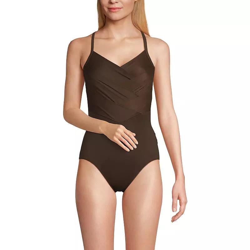 Womens Lands End Slendertex V-Neck Pleated Crossback One-Piece Swimsuit Product Image