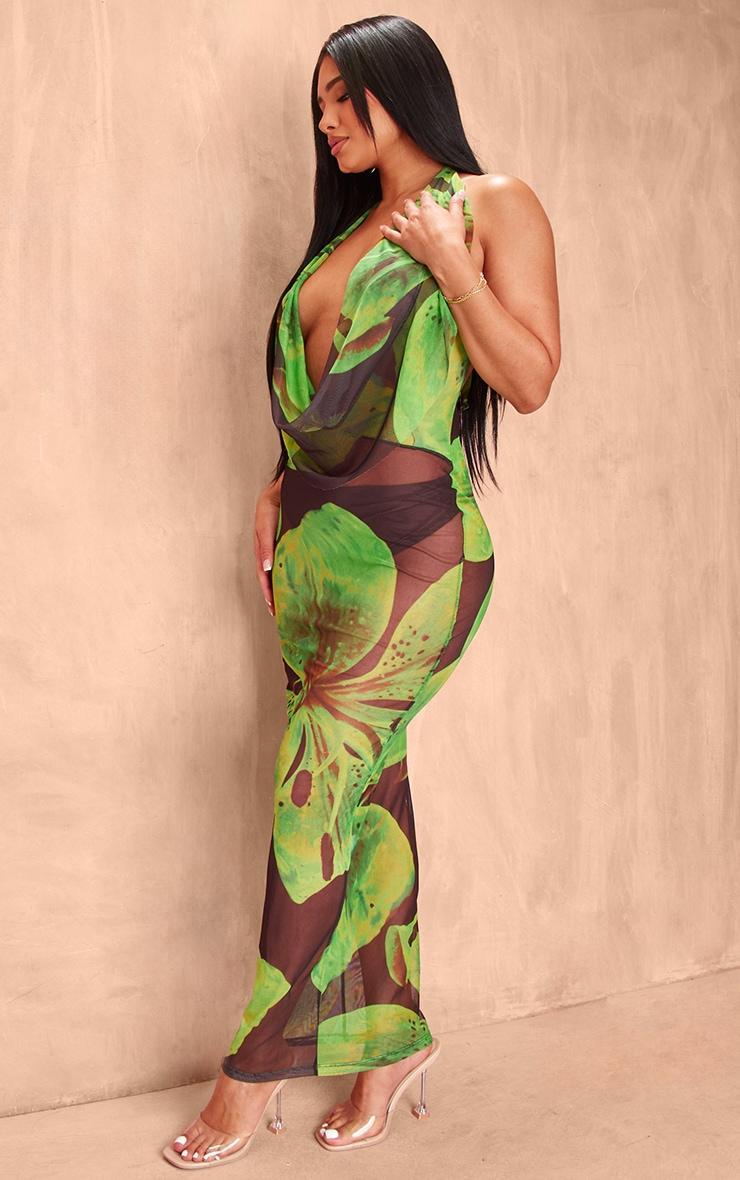 Shape Green Floral Printed Mesh Halterneck Cowl Maxi Dress Product Image