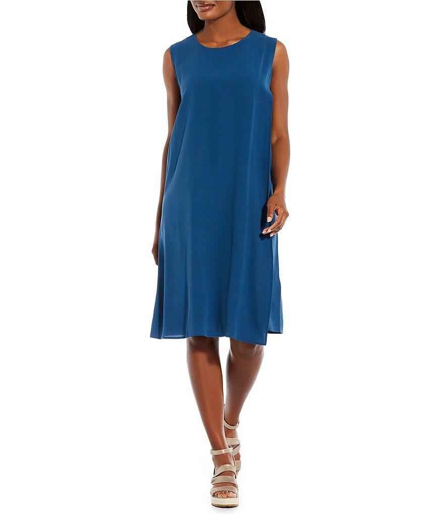 Eileen Fisher Silk Georgette Crepe Scoop Neck Sleeveless High-Low Shift Dress Product Image