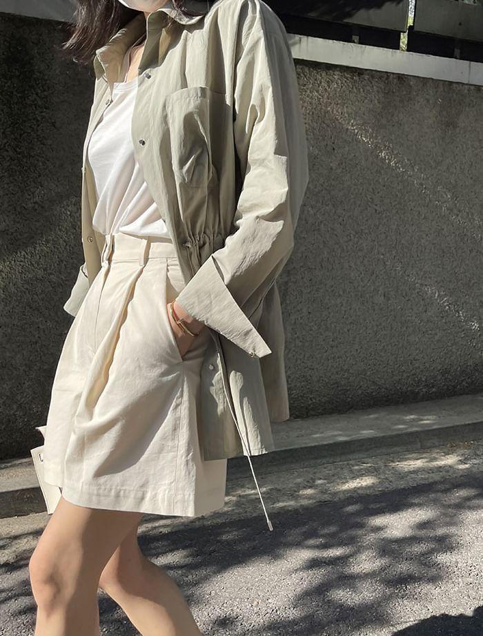 Plain Drawstring Waist Button-Up Shirt Jacket Product Image