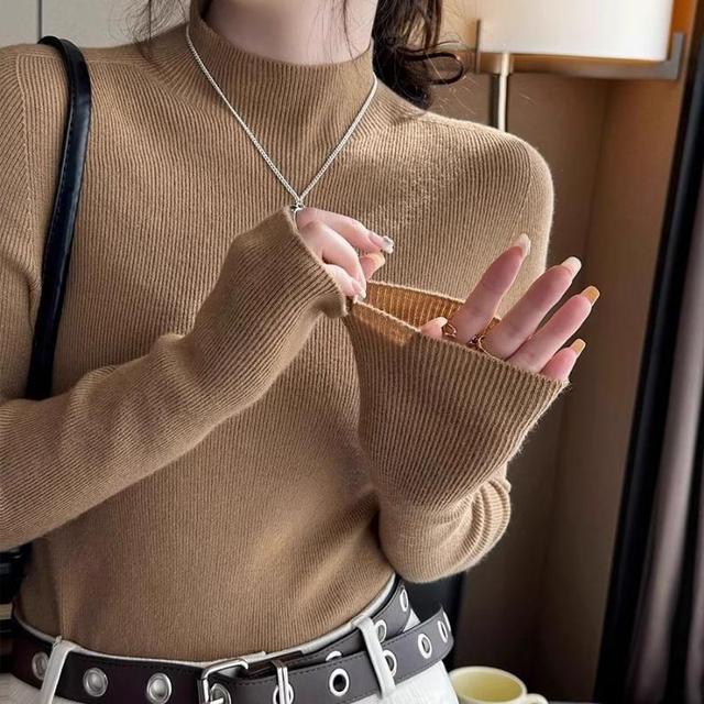 Mock Neck Plain Ribbed Sweater Product Image