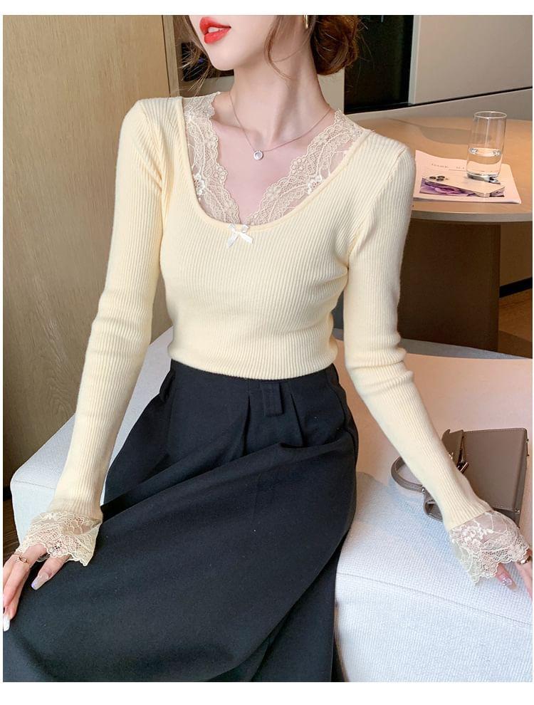 Long-Sleeve V-Neck Bow Lace Trim Ribbed Knit Top Product Image