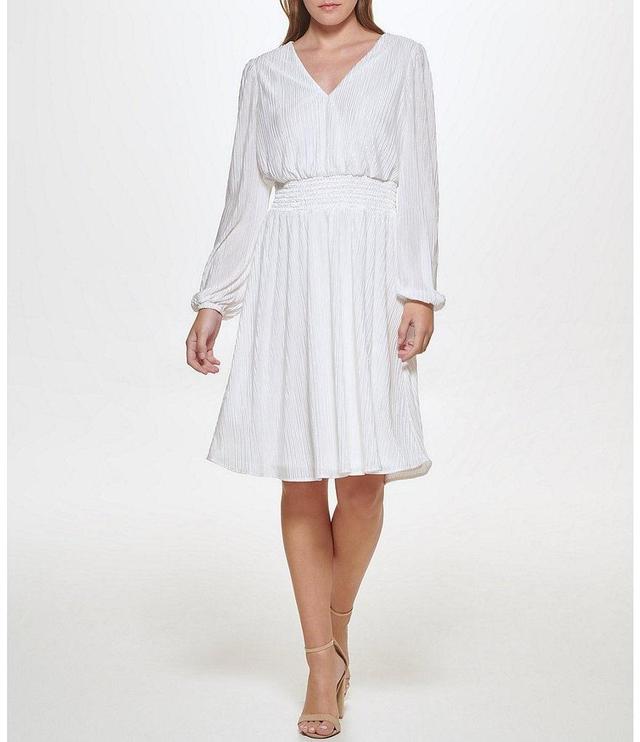 Kensie Long Puffed Sleeve Pleated Knit V-Neck Smocked Waist A-Line Dress Product Image