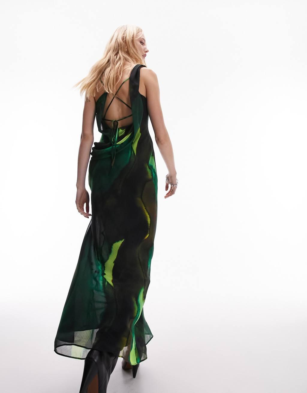 Topshop cami slip midi dress in abstract green print Product Image