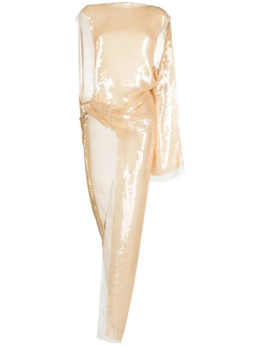 RICK OWENS Asymmetric Sequinned Chiffon Maxi Dress In Neutrals Product Image