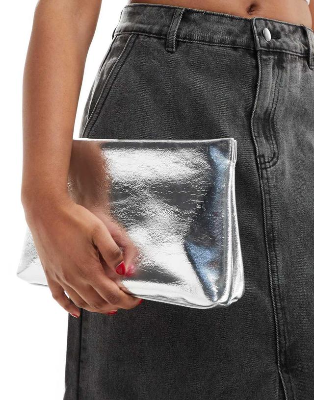 ASOS DESIGN zip top clutch bag in metallic silver Product Image