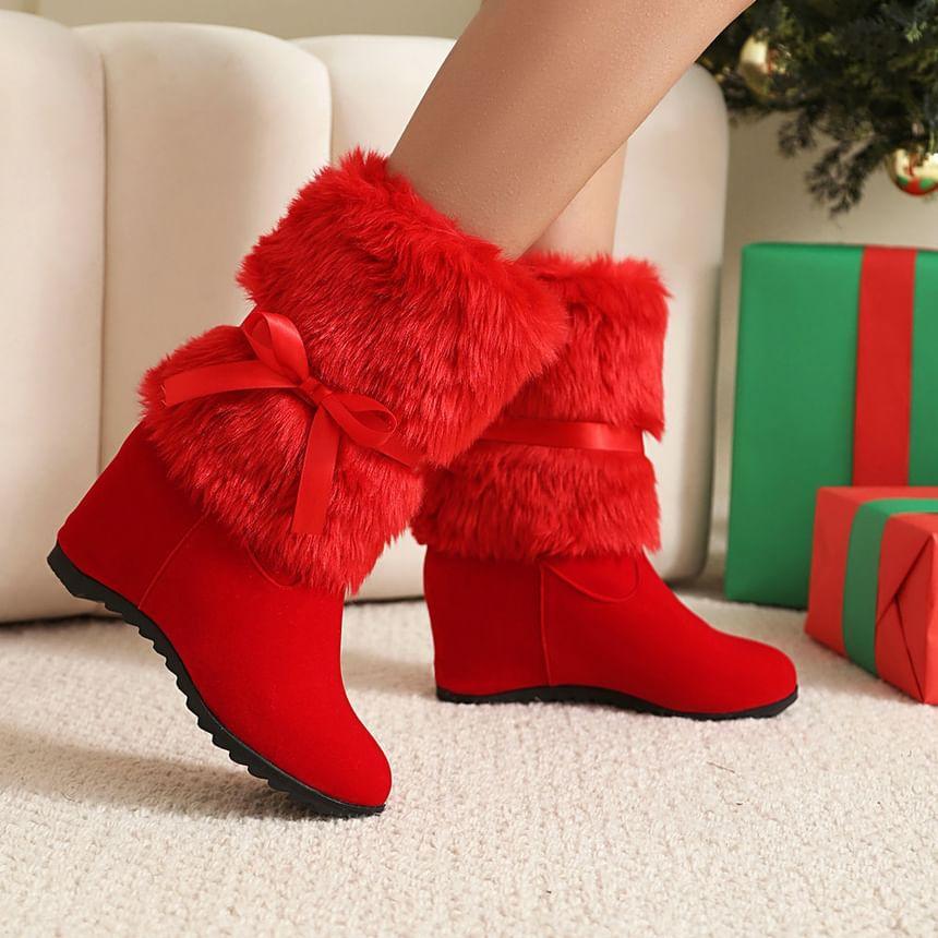 Ribbon Accent Furry Panel Ribbon Accent Short Boots Product Image